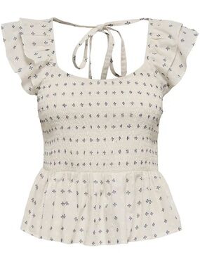 Pigalle Smocked Ruffle Tie-Back Peplum Top - Cream with Blue Accent Size small